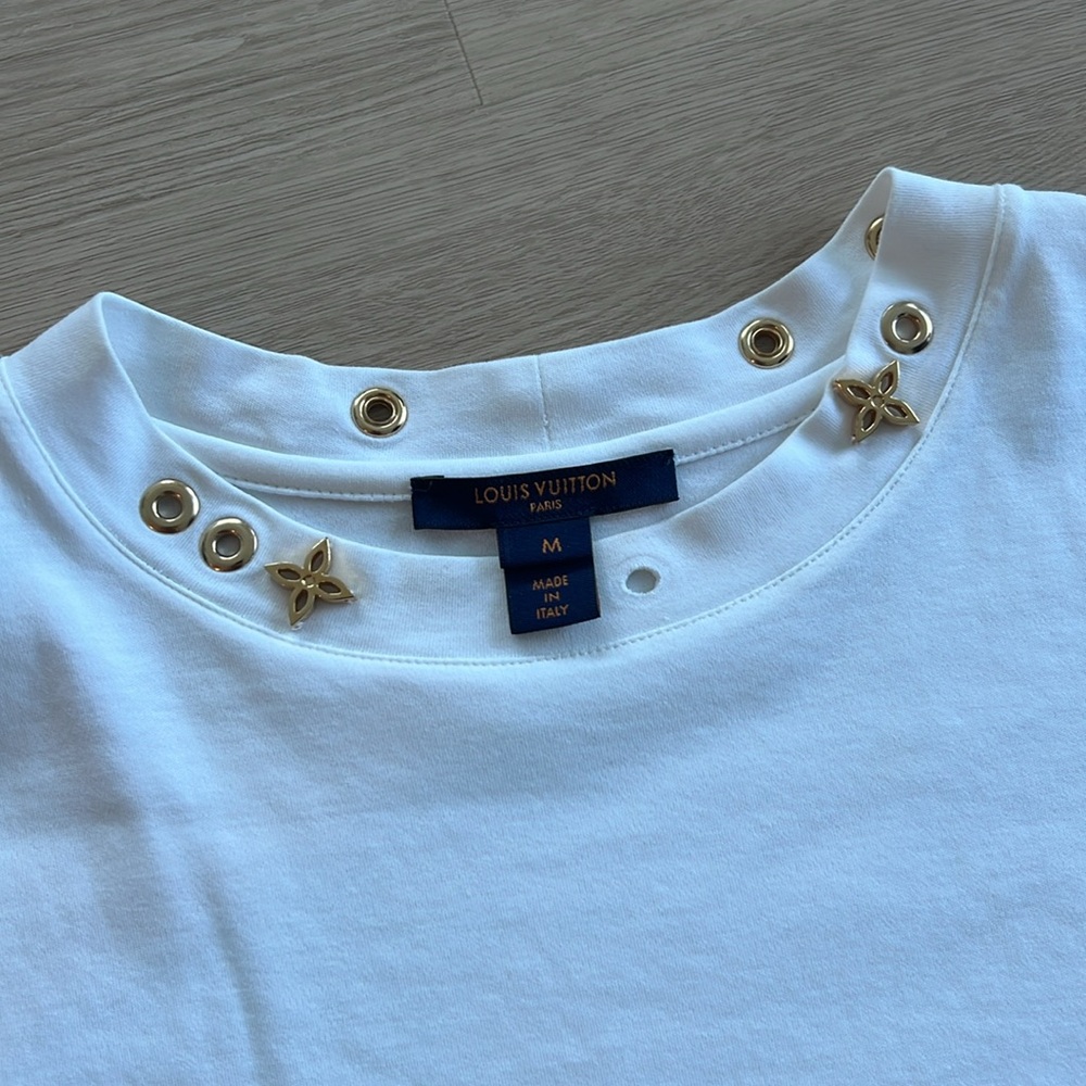 White Short Sleeve Top with Gold Accents - Picture 2 of 6